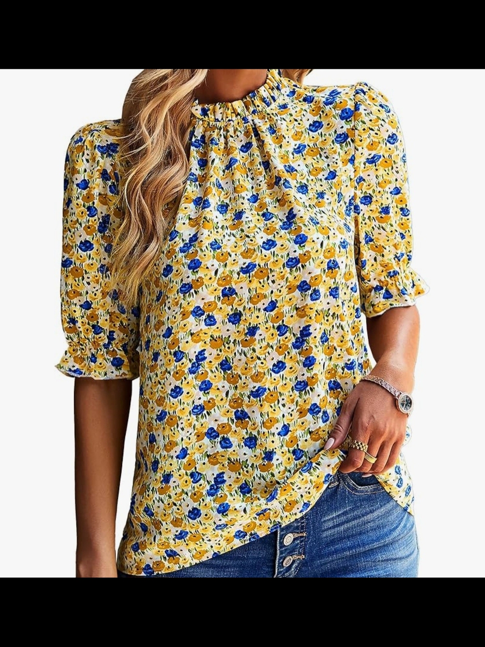Yellow Floral Puff Sleeve Blouse with Blue Accents